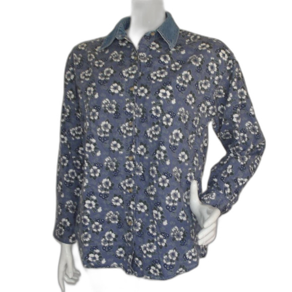ROUTE 66 Denim Shirt-Jacket, S, Blue Floral, Accent collar, Long sleeve, Buttons - Picture 4 of 11